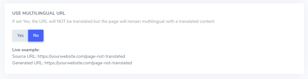 Multilingual URL settings with toggle option to translate pages.