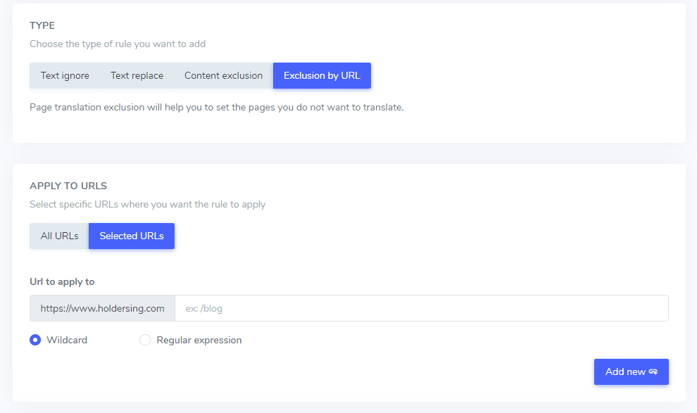 Translation exclusion tool configuration page. Configure translation exclusion rules.