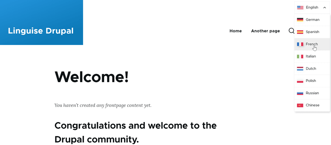 Drupal welcome page with language options