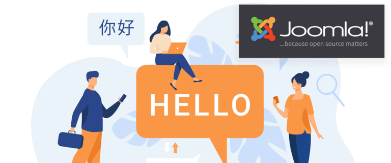 A grayscale illustration of people with a 'HELLO' speech bubble. Joomla logo in the corner.