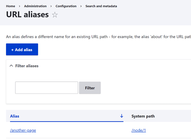 URL aliases configuration page with filter and add options.