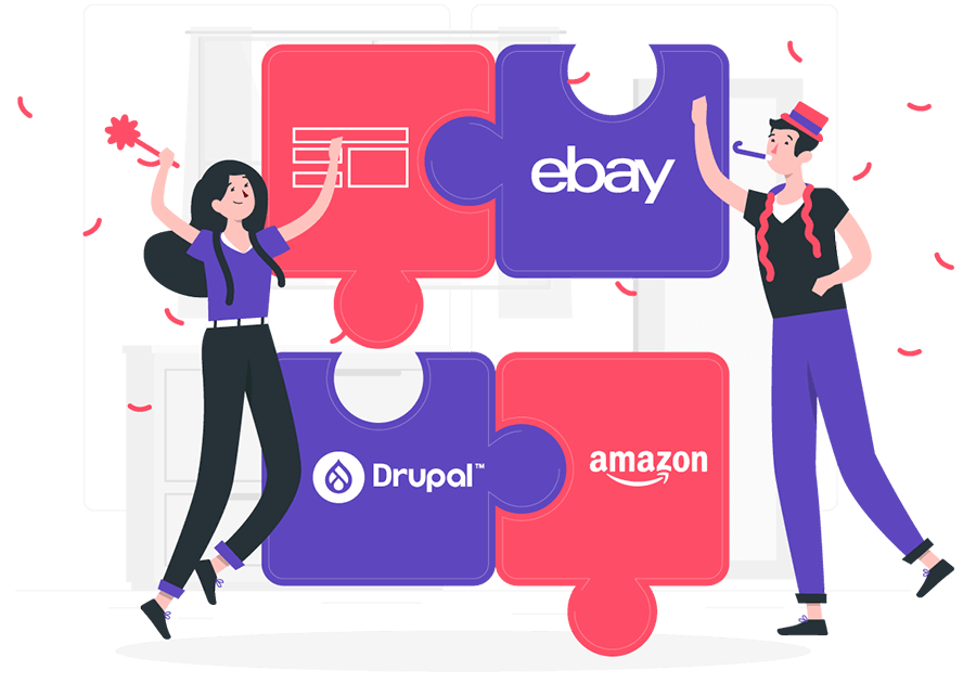 A puzzle with logos including eBay and Drupal. The puzzle pieces are held by two cartoon characters.