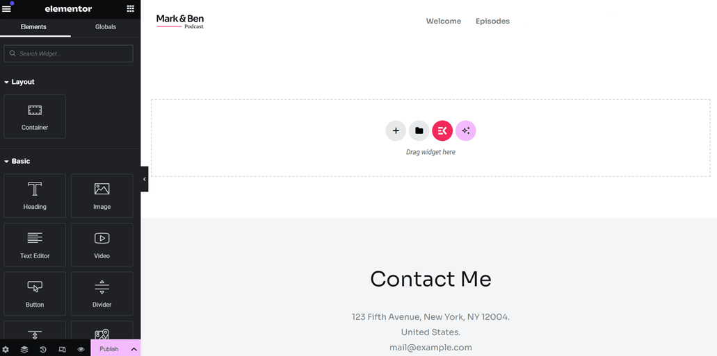 Simple contact page with a dark background