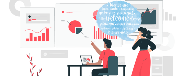 Two people analyzing business data on a computer and whiteboard.