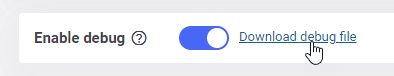 A screenshot of a toggle button to enable debug mode with a download debug file option