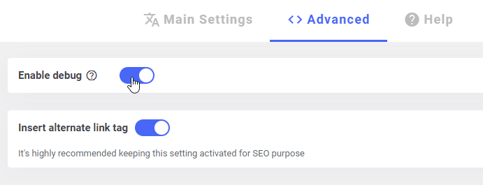 Toggle settings for debug and alternate link tag