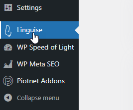 WP Speed of Light menu option selected