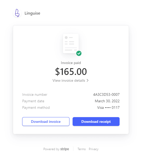 Invoice paid receipt for $165.00. View invoice details.
