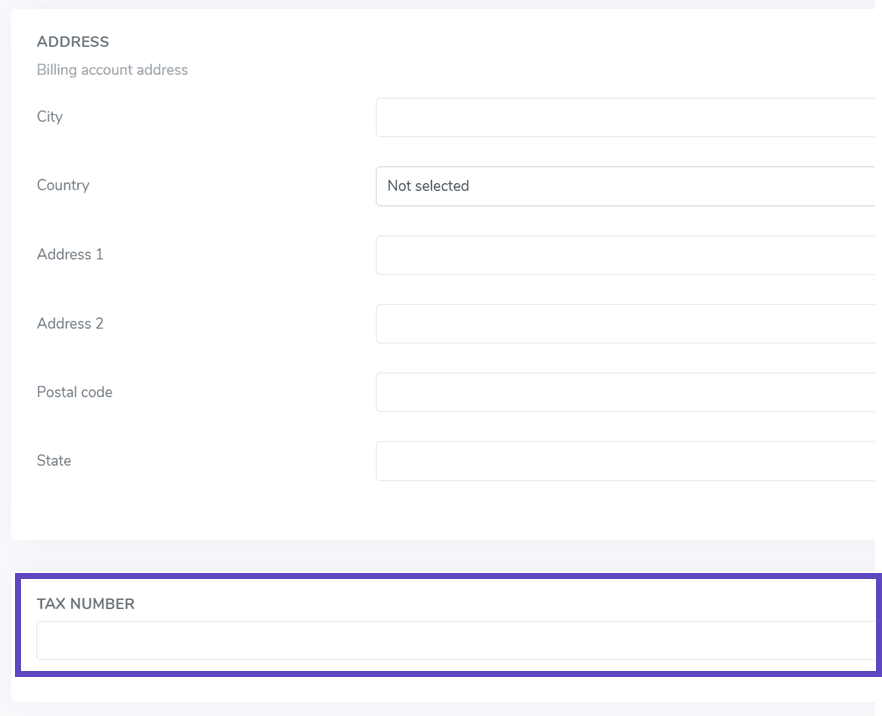 Form fields for address and tax number