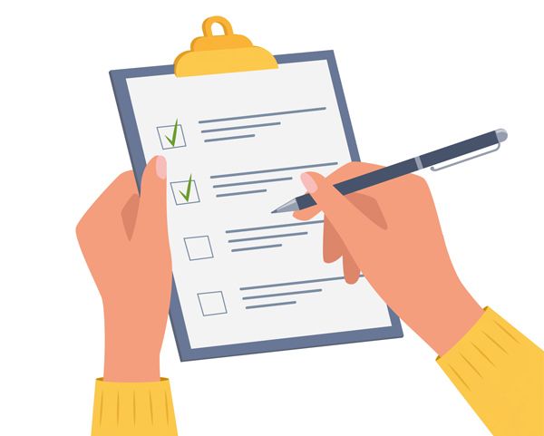 Person taking a survey with a clipboard and pen. Checklist with green checkmarks.