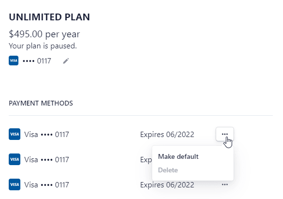 Screenshot of paused unlimited plan and payment options