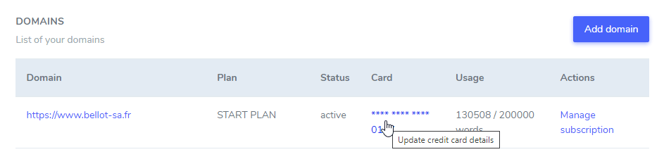 Screenshot of a domains list page with a table showing domain status and control panel options.