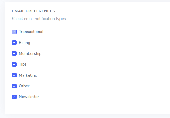Email preferences notification types checkboxes
