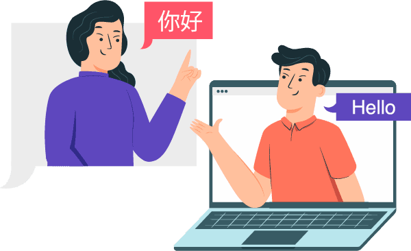Ilustración de personas comunicándose en diferentes idiomas en línea. Un estudiante y un profesor interactúan mediante una videollamada en una computadora portátil.