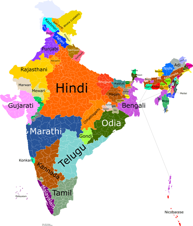 A map of India showing different languages. The map highlights various regions with their respective languages.