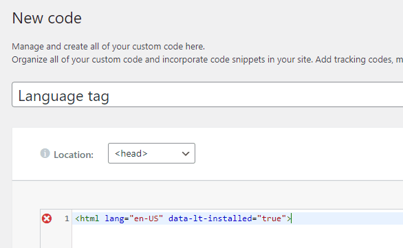 screenshot of new code language tag input field, example html code with lang tag