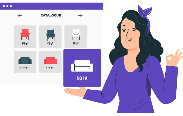 A woman gesturing with a digital screen displaying printer icons. The screen shows various printer settings.