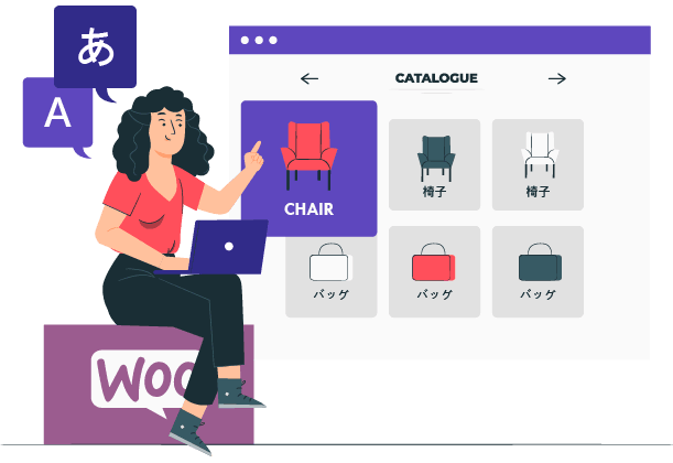 Woman sitting with laptop and catalog. Various products displayed.