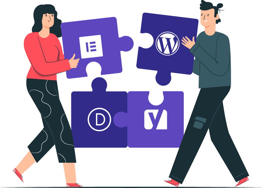 Illustration of two people connecting puzzle pieces with logos. Teamwork and partnership concept.