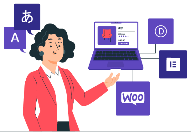 A woman pointing at a laptop with elearning icons. Online learning platform.