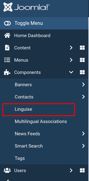 Joomla admin menu with Linguise extension highlighted