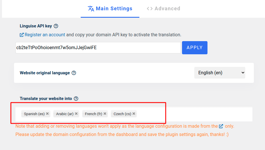 Select languages to translate website into