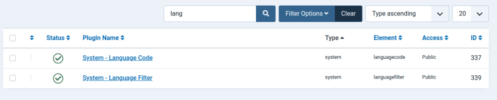 Screenshot of translation type settings. Language filter options.