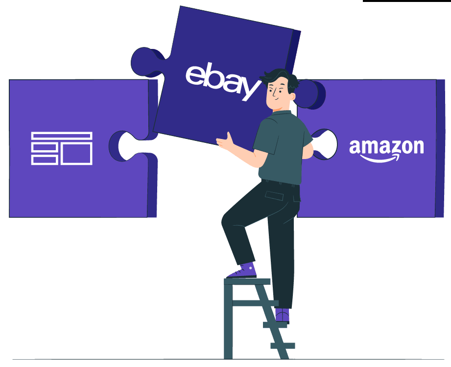 A man on a stool placing a puzzle piece with eBay logo