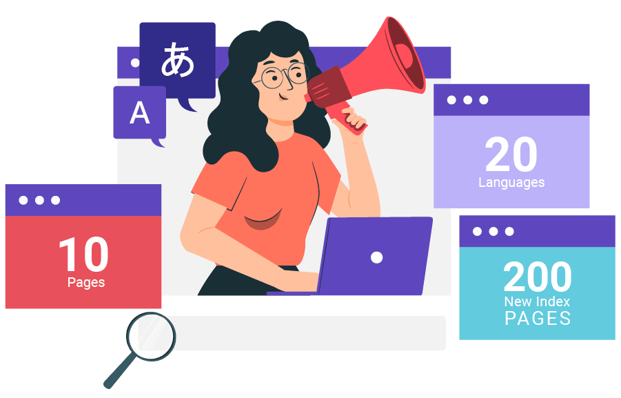 A woman using a computer and megaphone to communicate. Digital marketing or online business concept.