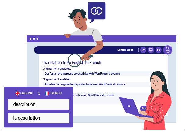 Website design and development. Illustration of a person working on a laptop and another throwing a ball.