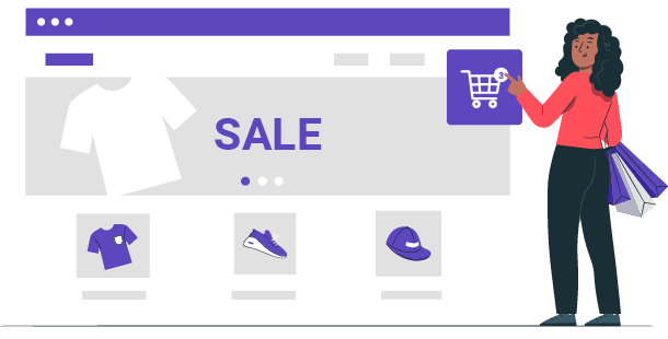 A woman holding a shopping bag and using a laptop with a sale webpage on the screen.