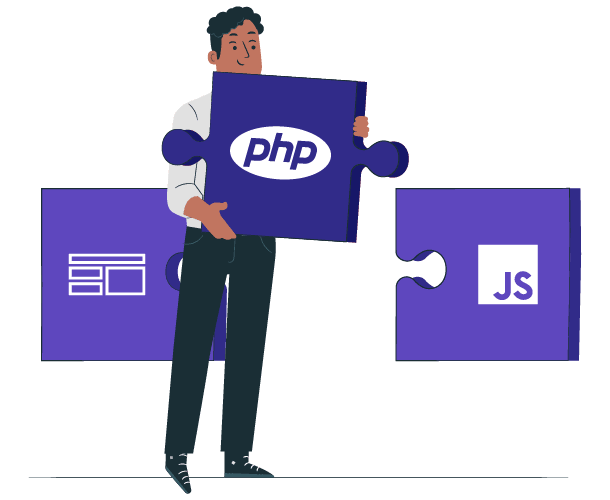 A man holding a PHP puzzle piece connecting to JS and HTML