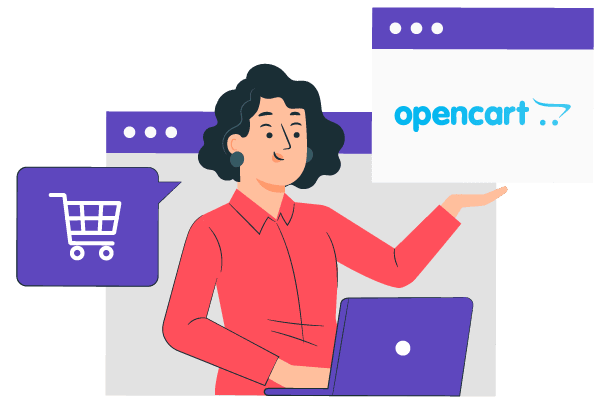 Woman pointing at OpenCart logo on screen. Online shopping.