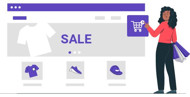 Online shopping sale interface with a woman holding a bag