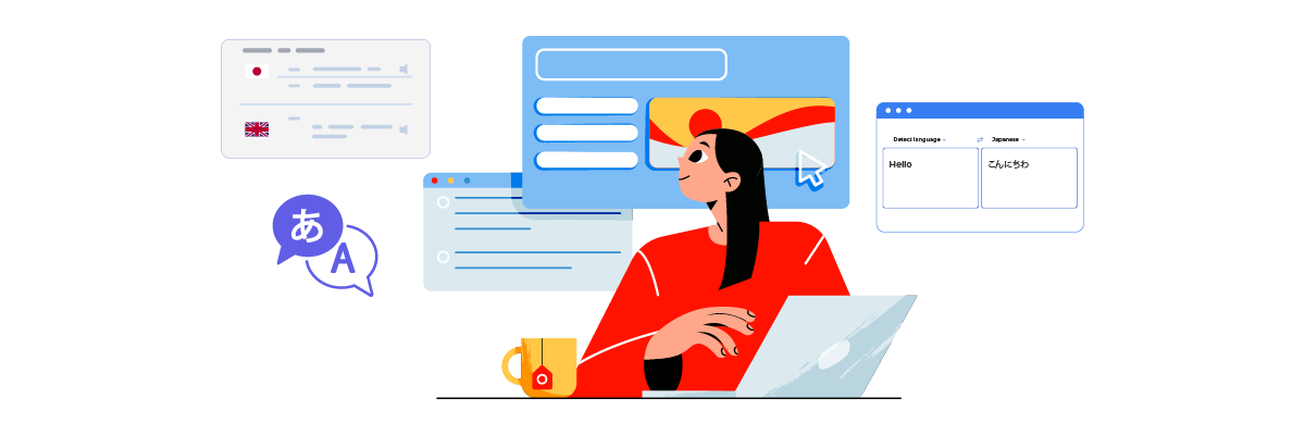 Illustration of a woman working on a laptop. She appears to be using various digital tools and software.