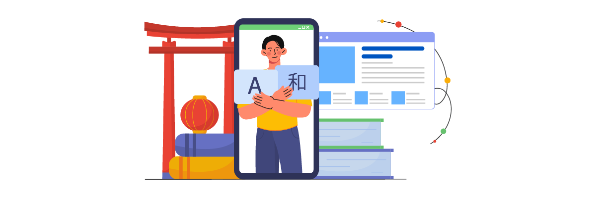 A man in front of a large mobile device with a Japanese background. The man is holding a tablet.