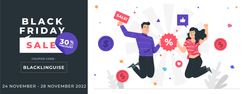 Black Friday sale illustration with people and coins