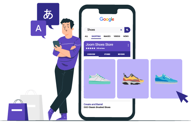 A man holding a phone searching for shoes on Google. Various shoe images are displayed.