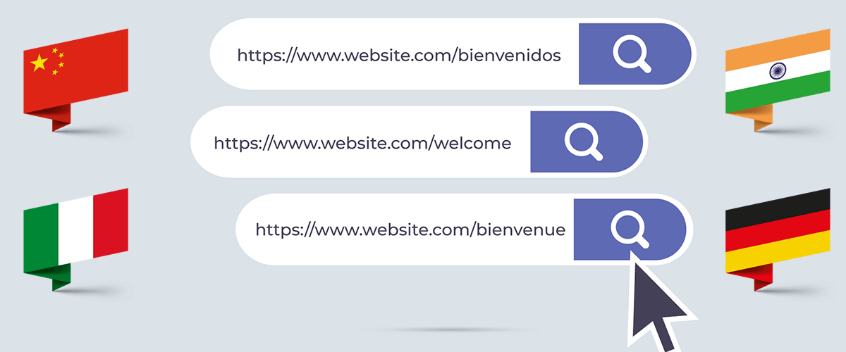 An illustration of a search bar with multiple language options. A cursor hovers over the French option.