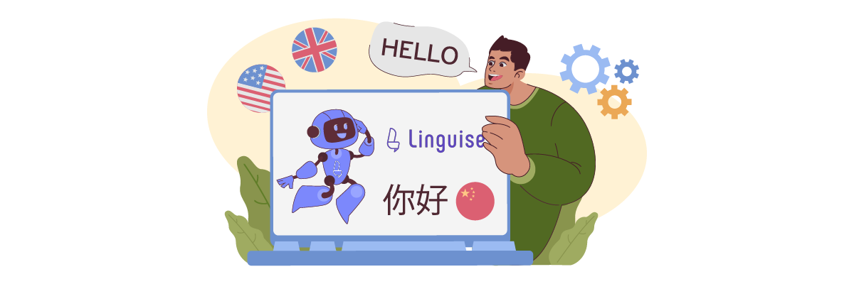 A cartoon person using a laptop with a language learning app. The screen shows a greeting in English and Chinese.