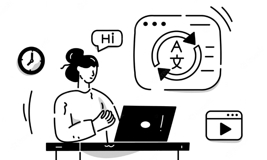 A woman sits at a desk with a laptop. Various icons float around her head.