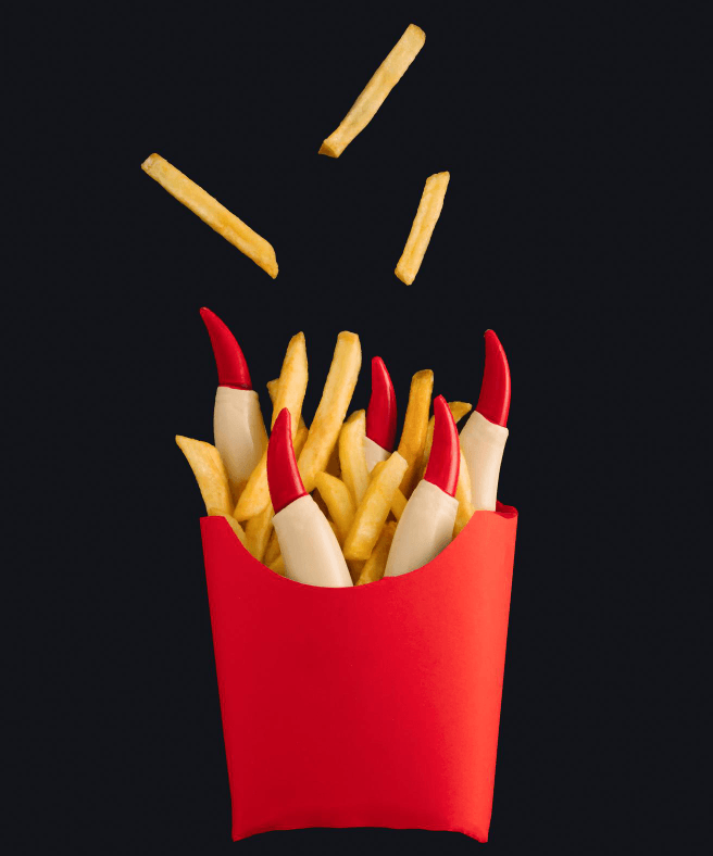 A serving of French fries in a container.