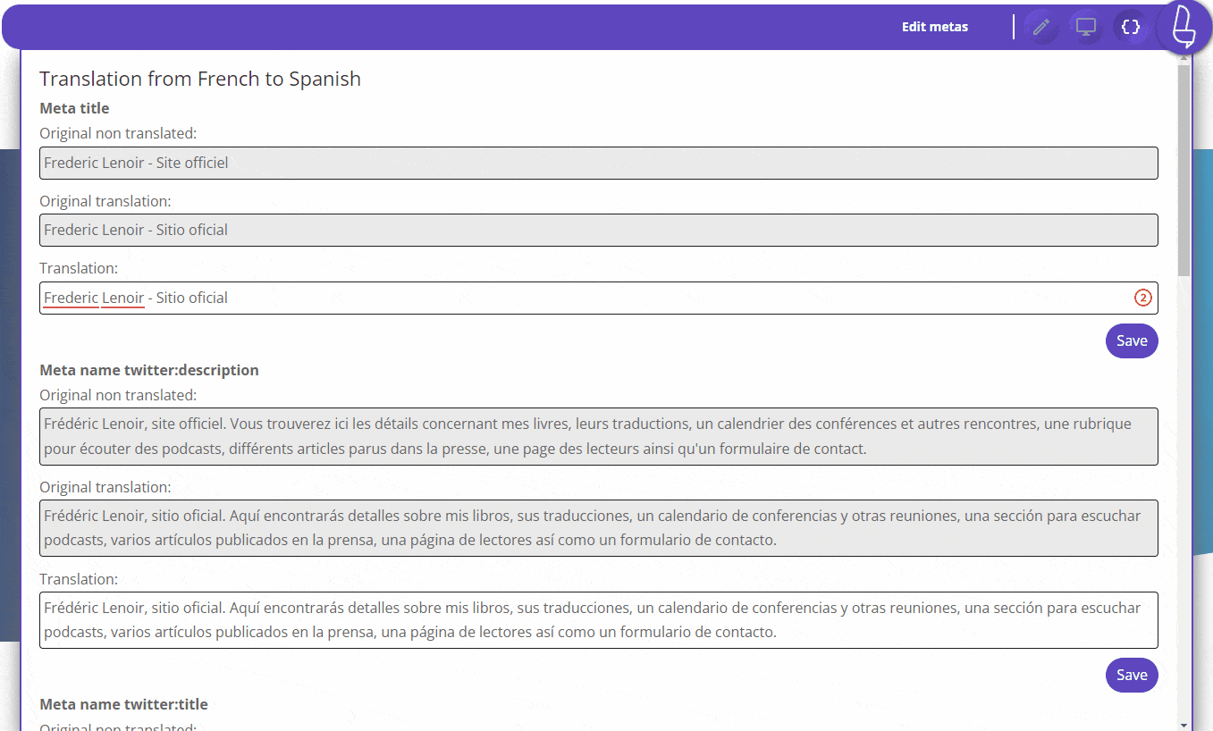 Online translation form interface