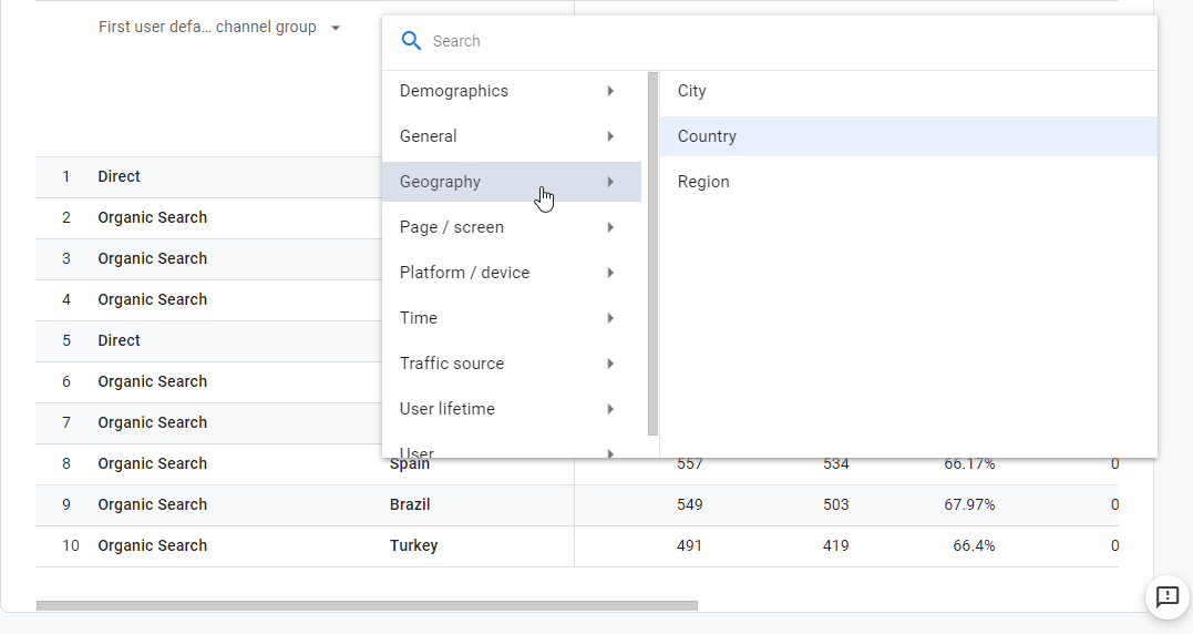 Google Analytics filter options for search console data.
