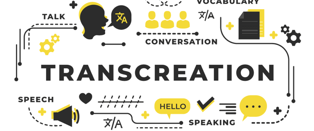Conceito de transcriação com ícones de fala, conversa e tradução