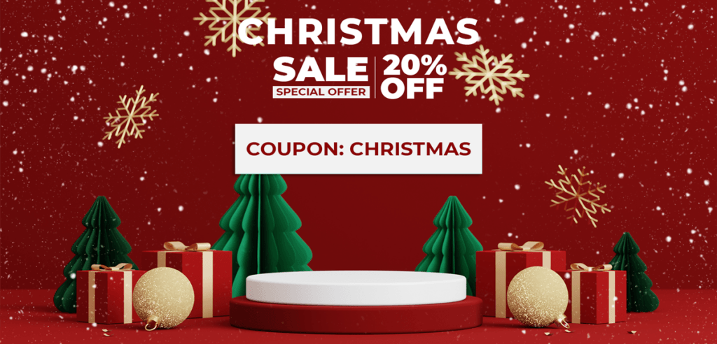 Christmas sale advertisement with snowflakes and trees