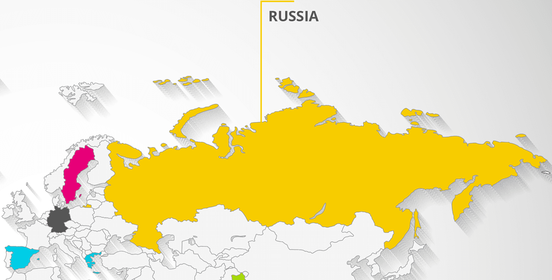 A black and white map of Russia and its neighboring countries. Russia is highlighted.