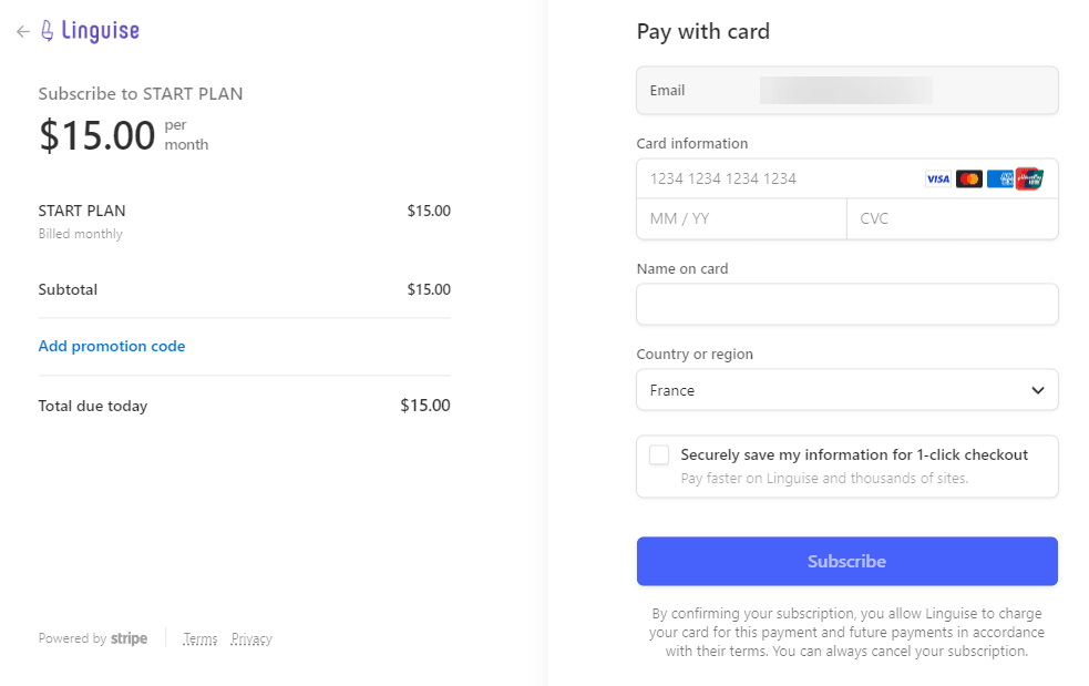 Online payment form for Lingua subscription