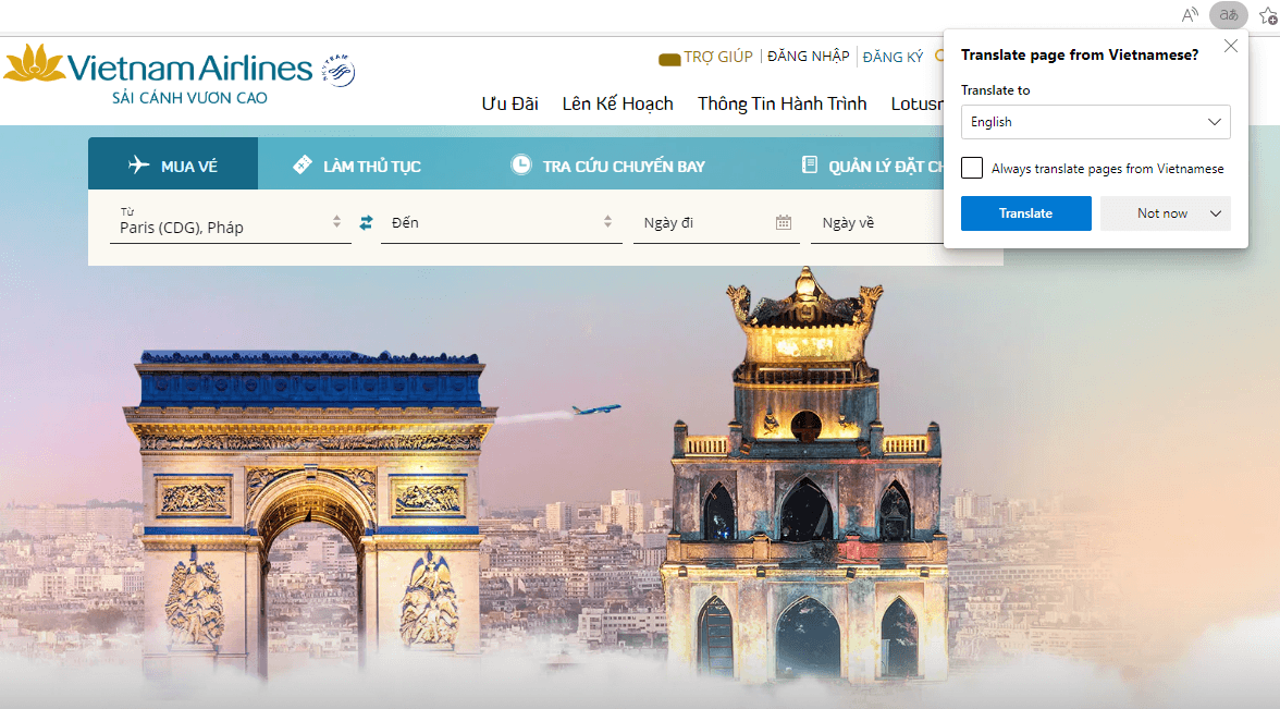 Vietnam Airlines booking website homepage