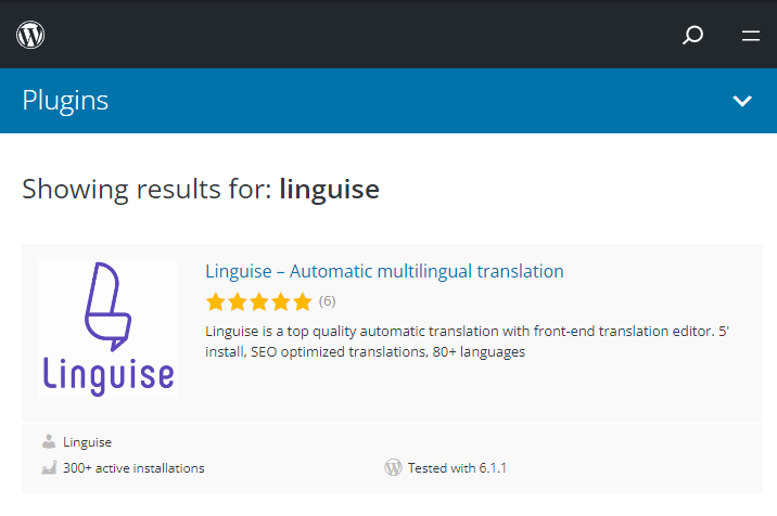Linguaize plugin logo. 5 star rated multilingual translation plugin.